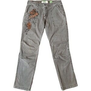 Anthropologie The Wanderer Beaded Flower Embroidered Pants Size 26 Khaki Green